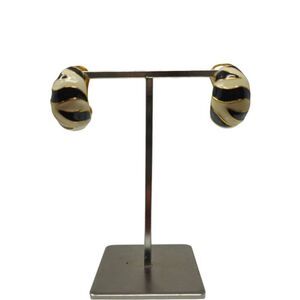 Vintage Kenneth Jay Lane Black and Cream Enamel Swirl Clip-On Earrings | 1.04" |